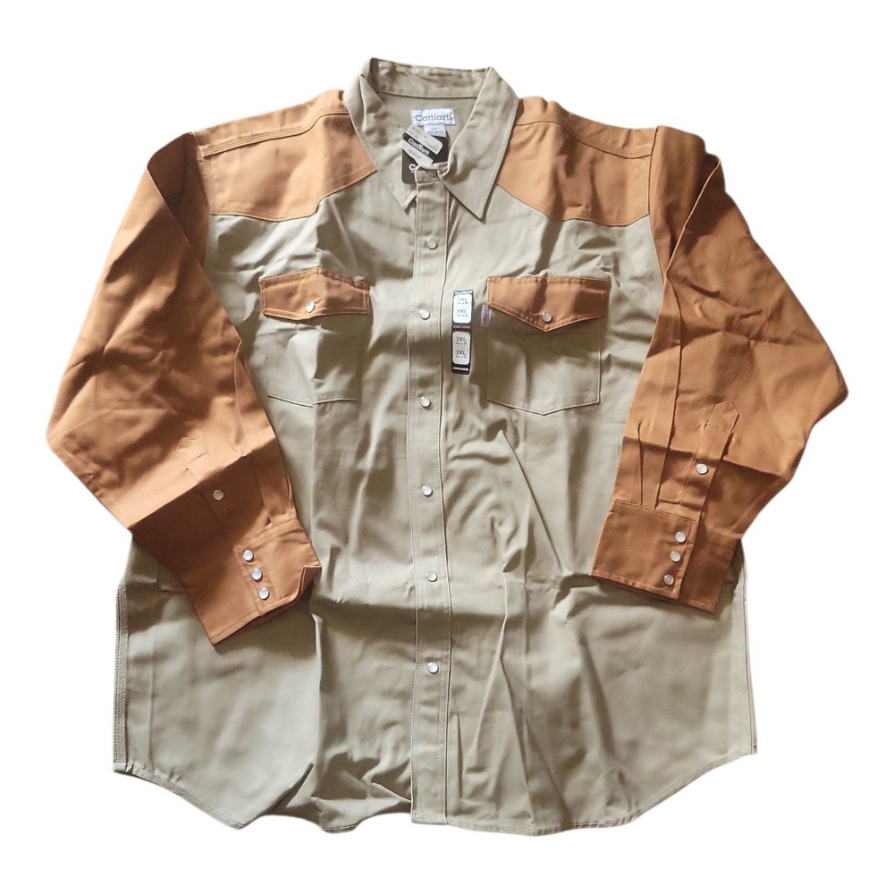 Carhartt Mens 3XL Western Pearl Snap Shirt Two Tone Khaki Brown Workwear NWT